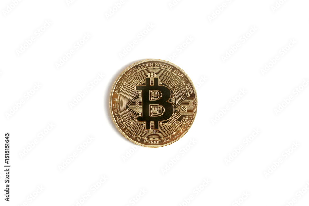 There is a souvenir bitcoin coin on a white background. There is a souvenir bitcoin coin on a white background.