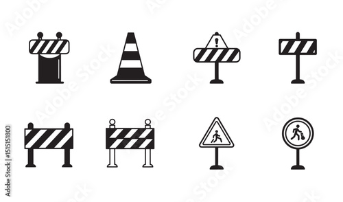 Collection of vector icons representing construction site safety and roadwork warning signage