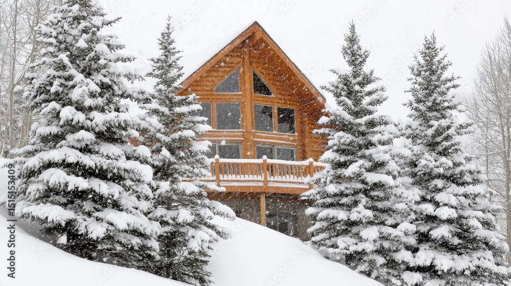 Naklejka premium Snowy Mountain Log Cabin Retreat - A cozy log cabin nestled in a snowy mountain landscape, surrounded by snow-covered evergreen trees. Perfect for a winter getaway