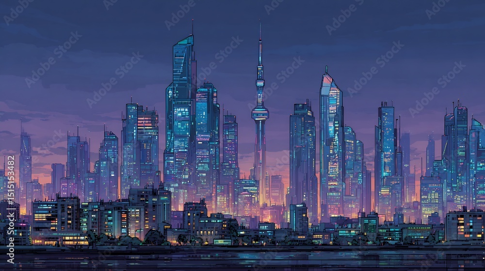 Obraz premium Futuristic Cityscape at Twilight: A Digital Painting