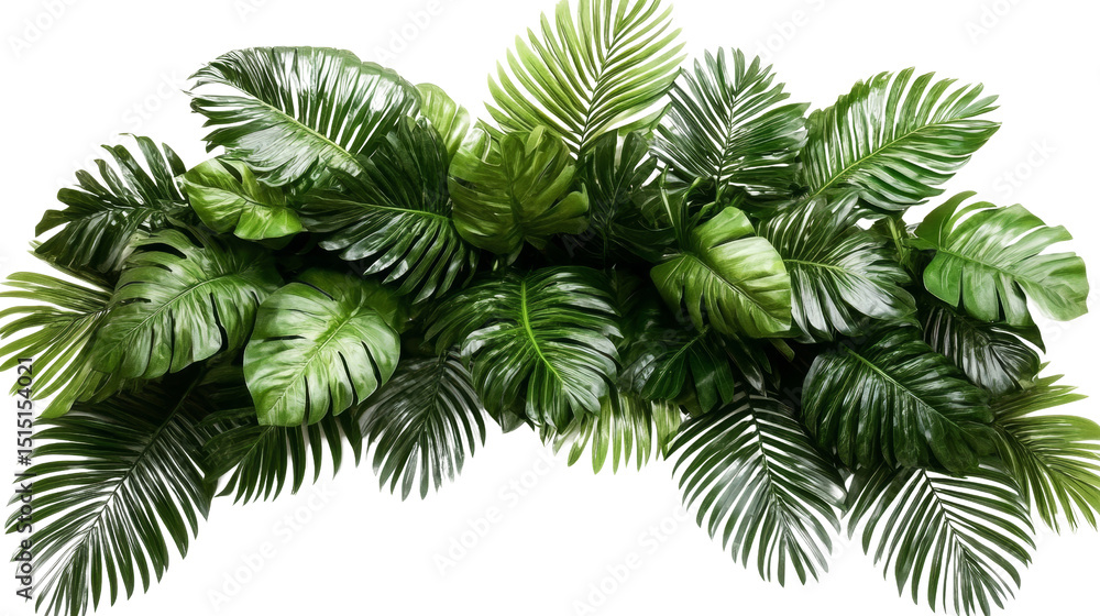 Obraz premium Lush Tropical Foliage Composition Palm and Monstera Leaves Isolated on Transparent Background, Jungle Greenery, Plant Arrangement, Tropical Plants, Green Leaves, Background