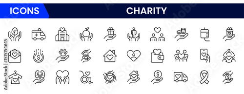Vector illustration web line icon collection showcasing charity themes, including giving, helping hands, donations, support, community aid, and humanitarian assistance symbols.
