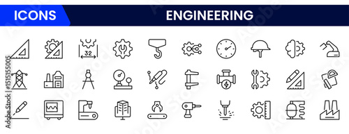 Vector illustration web line icon collection featuring engineering tools, gears, blueprints, machinery, technical design, innovation, construction, and mechanical components.
