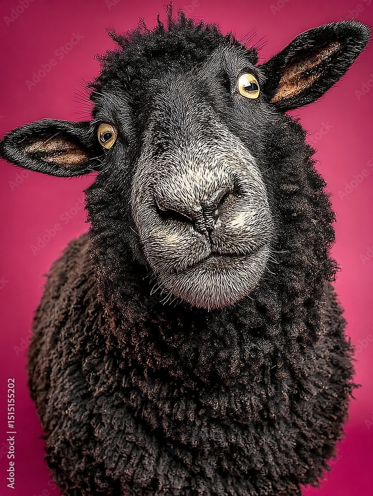Obraz premium Dark Sheep Portrait A Farm Animal Isolated Pink Background