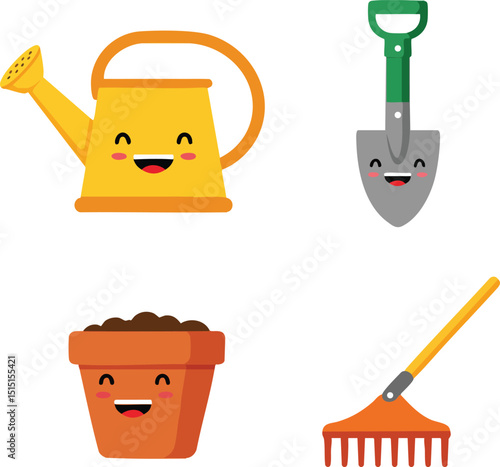 Happy gardening tools with watering can, shovel, flower pot, and rake vector illustration for garden hobby and leisure activities