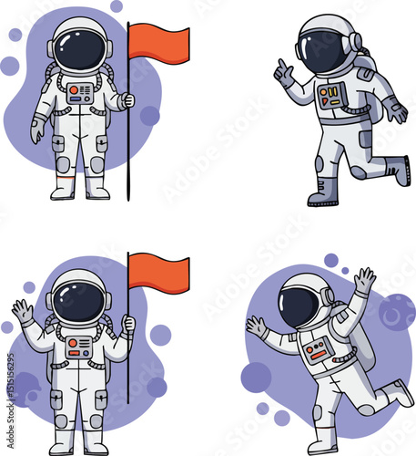 Astronauts in space suits holding flags and floating in zero gravity vector illustration set 
