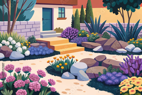 Vector Garden design, flower plants, rocks, outdoor nature design, serene garden elements, peaceful garden, botanical illustration background