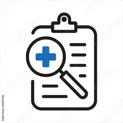 Medical Report Icon: Clipboard with Magnifying Glass and Health Cross