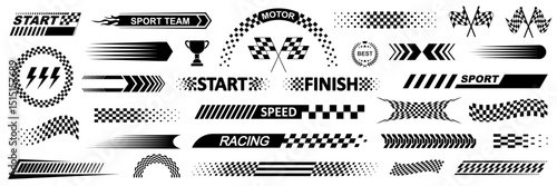 Racing cars and race car stripes set, angled checkered patterns, checkered flag, start and finish line, motocross labels, dynamic lines, motorsport, racing stripe speed, sport decals, tuning stickers