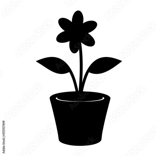 Black silhouette illustration of flower with six petals in a plant pot