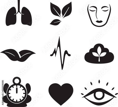Collection of minimalist black and white health and wellness icons representing natural concepts and wellbeing symbols
