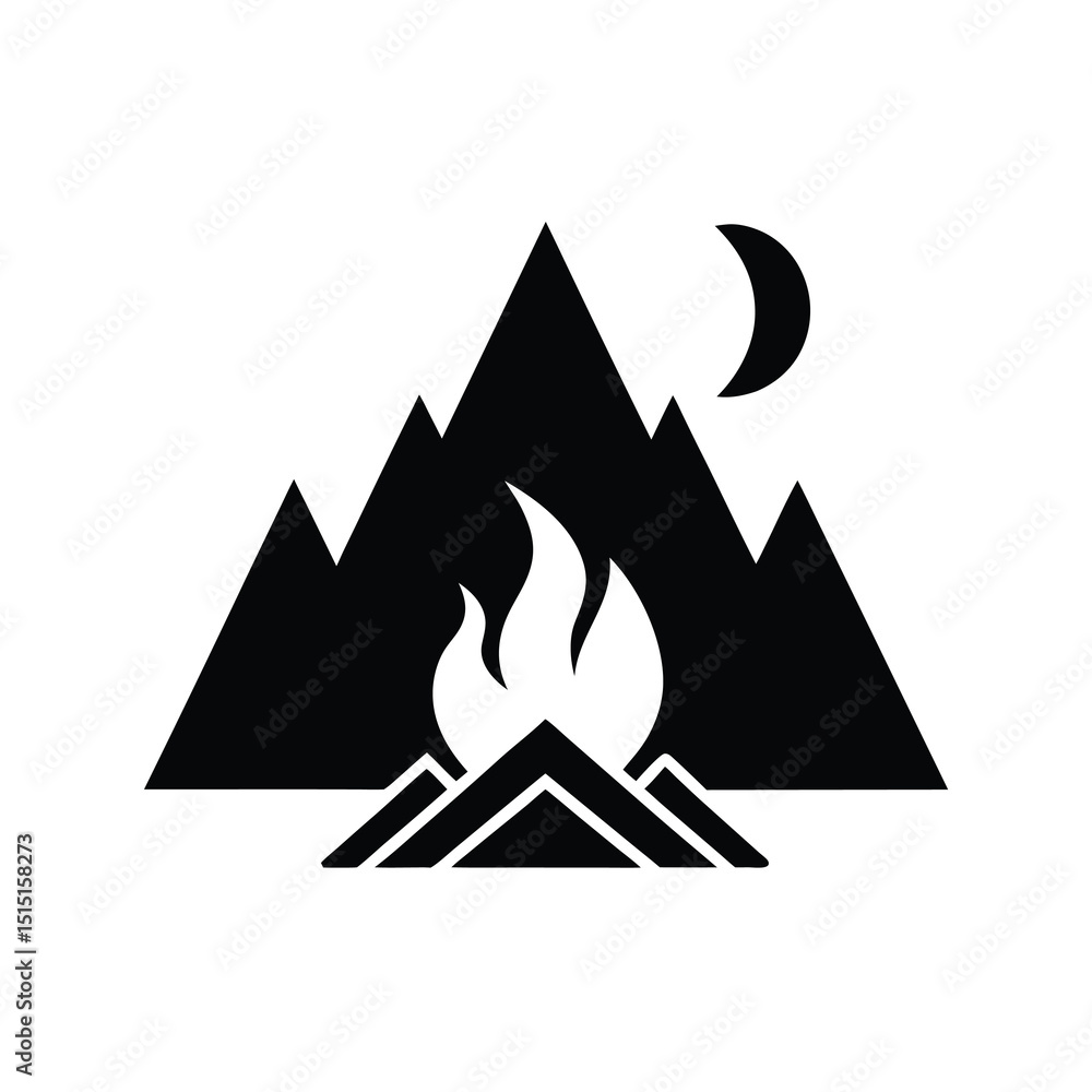 Fototapeta premium Mountain Campfire Under the Moon Silhouette Illustration