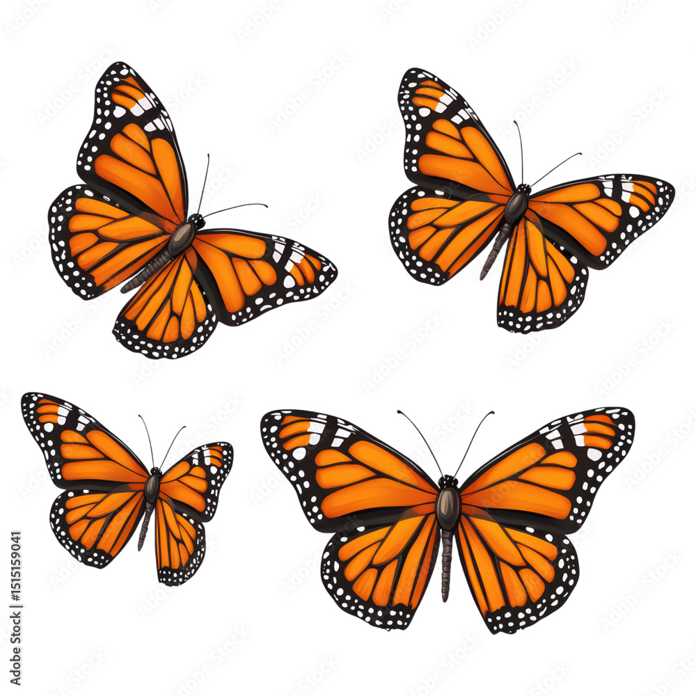Obraz premium Four Beautiful Monarch Butterflies in Vibrant Orange and Black Colors, isolated on transparent background.