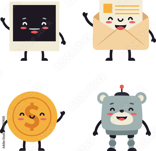 Cute cartoon photo frame envelope coin and robot characters waving and smiling vector illustration 