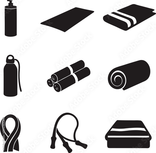 Minimalist black and white icons of fitness equipment and exercise essentials for wellness and active lifestyle