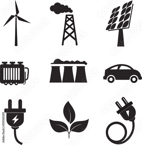 Renewable energy sources and traditional power plants icon set showing environmental issues and green energy concepts