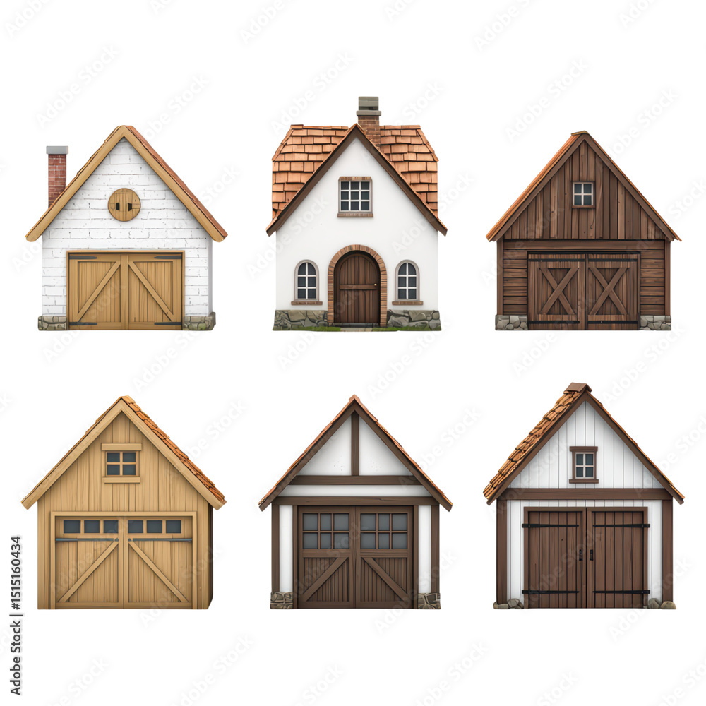 Six Unique House Designs Featuring Varied Architectural Styles and Materials, isolated on transparent background. Six Unique House Designs Featuring Varied Architectural Styles and Materials, isolated on transparent background.