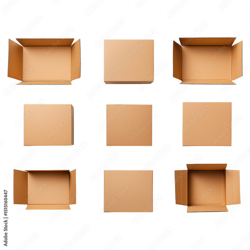 Various Sizes of Brown Cardboard Boxes for Shipping and Packaging Use, isolated on transparent background. Various Sizes of Brown Cardboard Boxes for Shipping and Packaging Use, isolated on transparent background.
