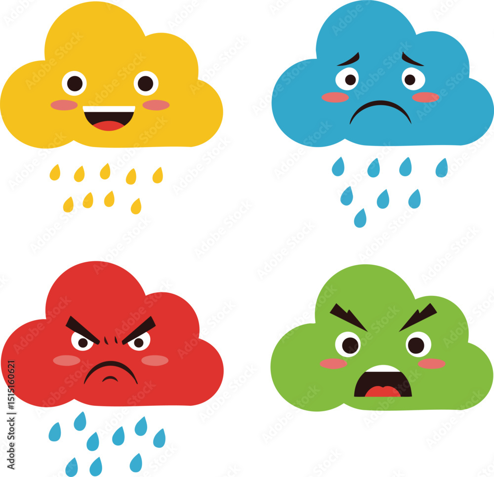 Obraz premium Colorful clouds with rain drops showing happy sad angry and scared emotions vector illustration 