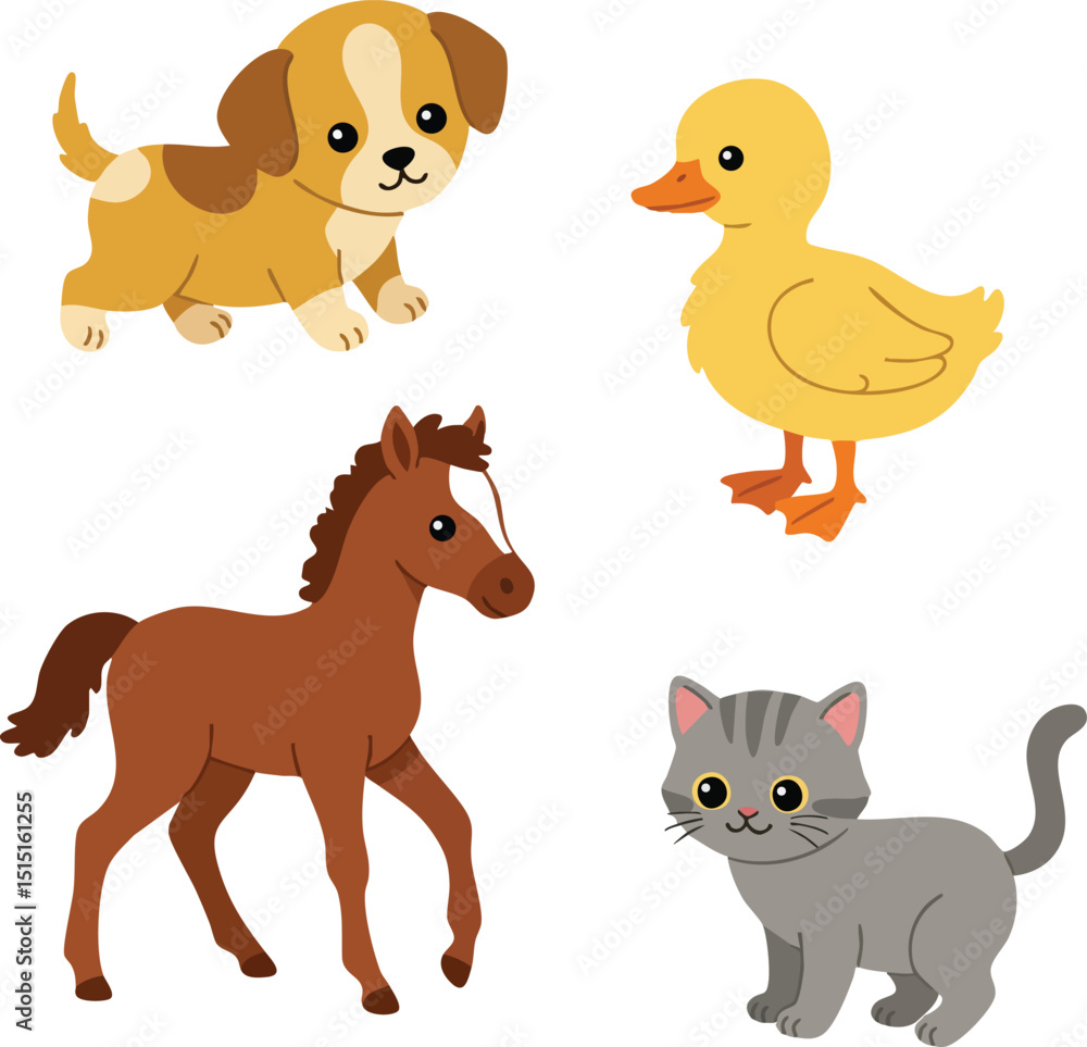 custom made wallpaper toronto digitalCute puppy, yellow duckling, brown foal, and gray cat animal characters vector illustration set