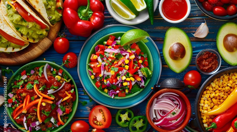 Fresh Ingredients for Mexican Cooking Flat Lay with Avocado, Peppers, and Tomatoes Fresh Ingredients for Mexican Cooking Flat Lay with Avocado, Peppers, and Tomatoes