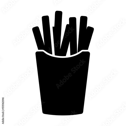 Simple bold black and white silhouette depiction of a box of French fries