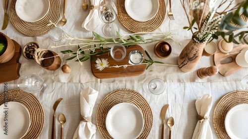Elegant Bohemian Table Setting for a Wedding or Dinner Party, Top View