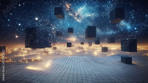 Floating Cubes over a Cityscape at Night