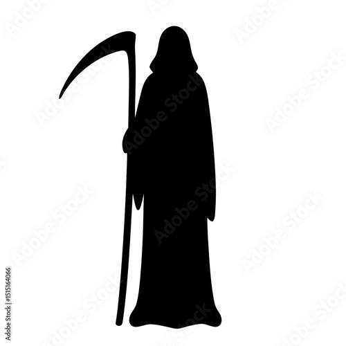 Dark Shadowy Grim Reaper Standing Silhouette with Large Scythe on White Background