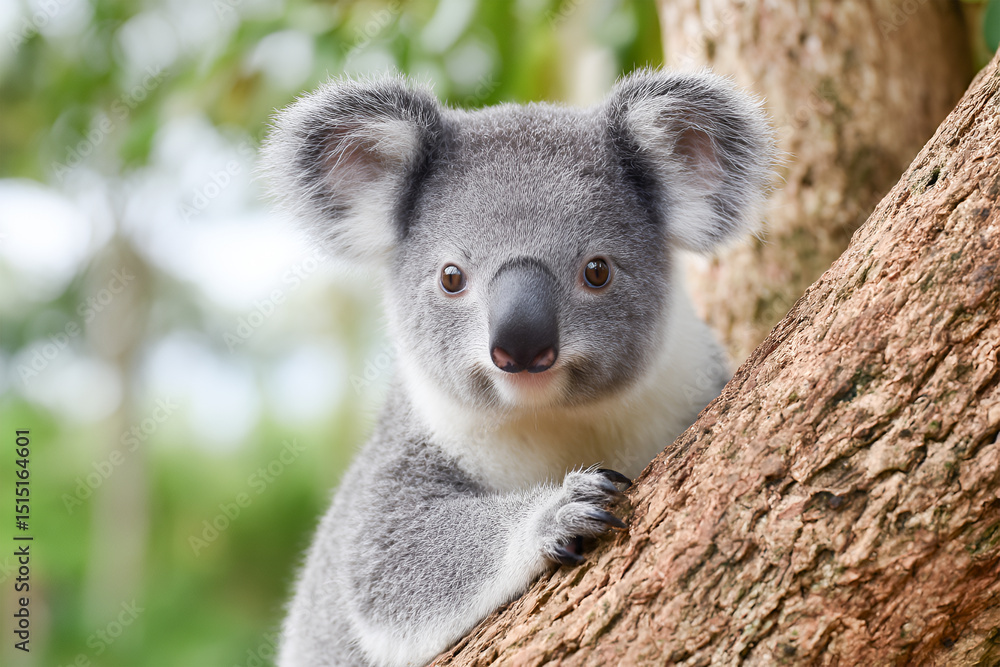 Obraz premium Adorable koala resting on a tree branch, showcasing its fluffy gray fur and large ears, surrounded by lush greenery in a natural habitat, representing wildlife conservation efforts