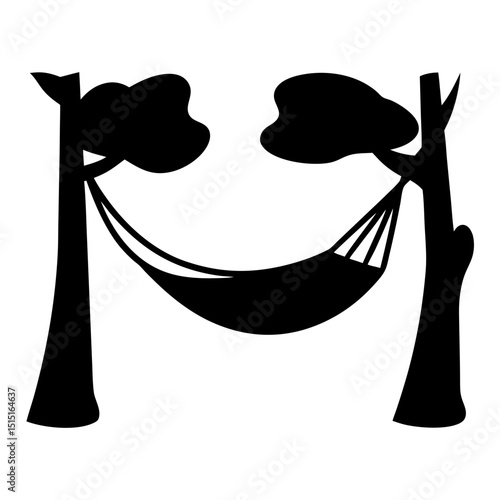 Black and white illustration of a hammock slung between two trees