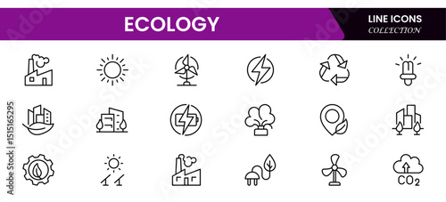 Vector illustration web line icon collection depicting ecology concepts, including nature, sustainability, environment, conservation, green energy, and ecosystem protection symbols.