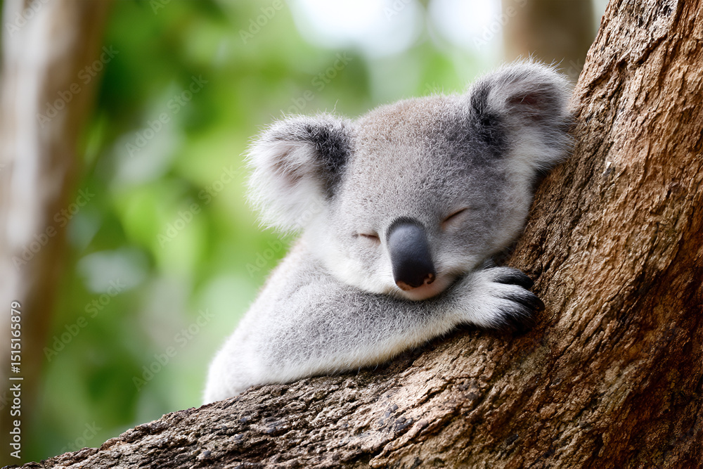 Obraz premium Adorable koala resting peacefully on a tree branch, surrounded by lush green foliage, showcasing its unique features and tranquil nature in a serene environment