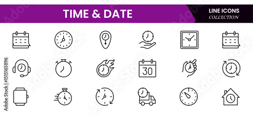 Vector illustration web line icon collection depicting clocks, calendars, timers, schedules, deadlines, time management, appointments, and date tracking for efficient organization.

