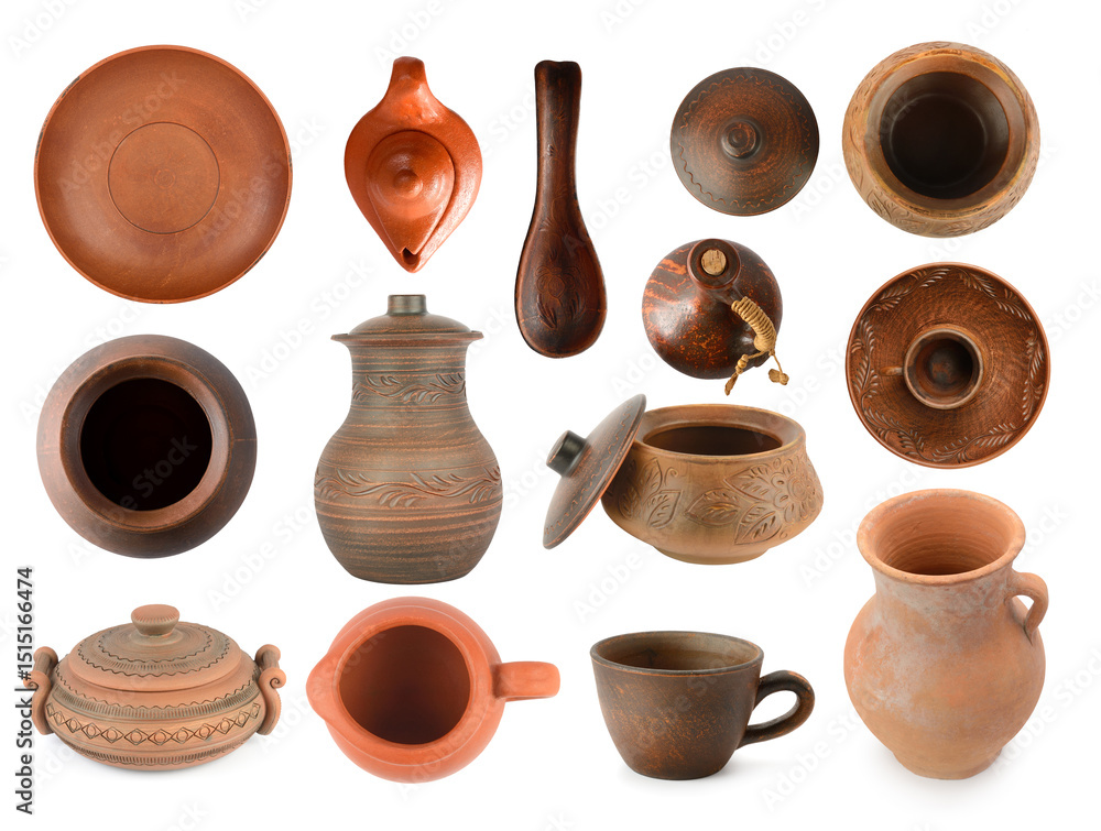 Fototapeta premium Set of ceramic dishes from different angles isolated on white