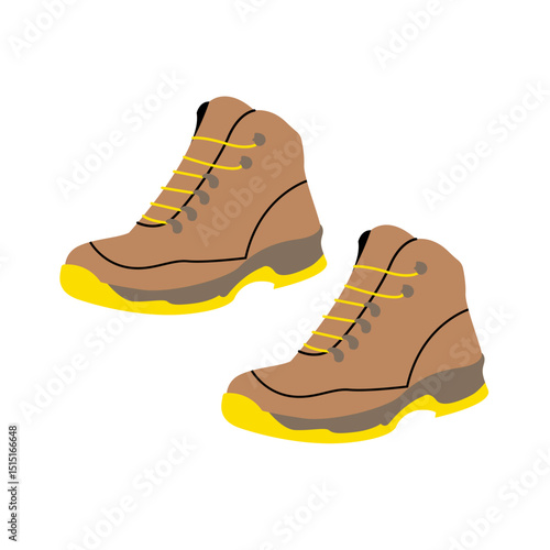 Simple hiking boots. Flat vector illustration of yellow and brown hiking shoes for hiking and camping. Drawing of shoes for traveling, sports tourism and exploration.