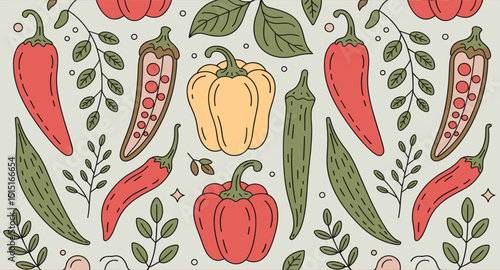 Colorful hand drawn vegetable pattern featuring peppers okra leaves and botanical elements