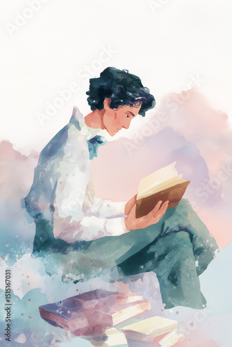 Delicate watercolor painting of a young romantic poet immersed in reading, surrounded by soft pastel clouds and books scattered around. The serene composition, flowing brushstrokes, and subtle texture