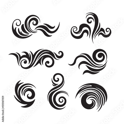 A set of six elegant black silhouette decorative swirl designs for creating sophisticated ornamentation elements