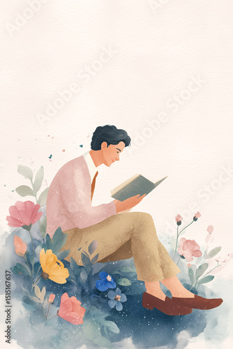 Elegant watercolor illustration of a young man reading a book while sitting among blooming garden flowers. With a gentle smile and calm posture, he embodies serenity and literary immersion