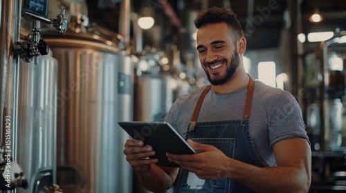 Brewery worker checks inventory on tablet.