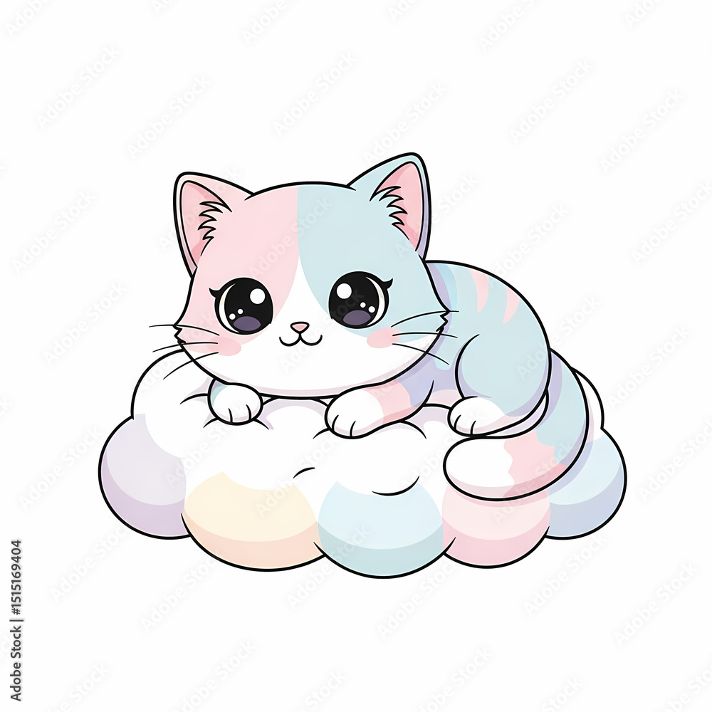 Cute cat resting on a colorful cloud in playful style Cute cat resting on a colorful cloud in playful style