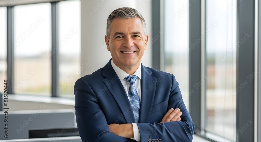 Fototapeta premium A distinguished businessperson exudes confidence, gazing directly at the viewer, radiating the essence of professionalism in a bright, modern office setting.