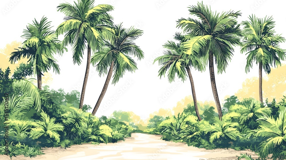 Obraz premium Lush tropical vegetation along a sandy path.