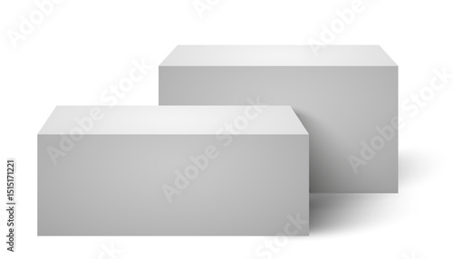 Empty white rectangular podium, top mockup pedestal and platform ascending staircase, concrete flooring stand stage, empty stages and podium stair 3d template for product presentation