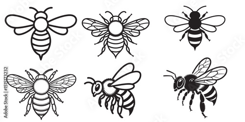  Line Art Bee Illustrations Honeycomb Insect, Black and White Bee icon vector Silhouettes Collection, 
