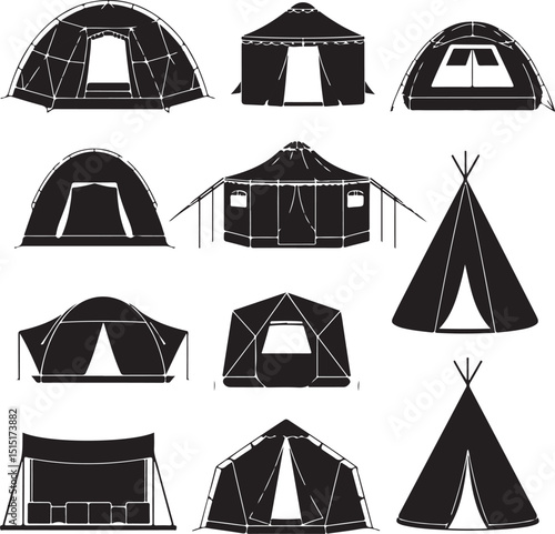 Camping Tents Silhouette Set Vector Illustration Graphic