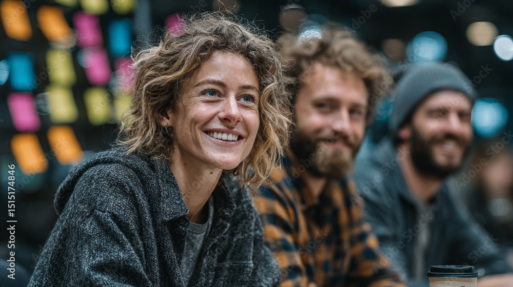 Obraz premium A group of young, diverse creative professionals collaborate energetically in a colorful startup office. Generative AI