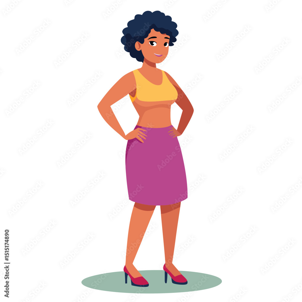 Fototapeta premium Confident Afro-haired Woman Standing with Hands on Hips – Modern Flat Vector Illustration on Transparent Background