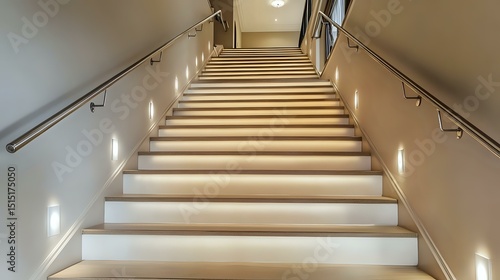 Open plan staircase with layered lighting  neutral tones  modern handrail design and clean surroundings